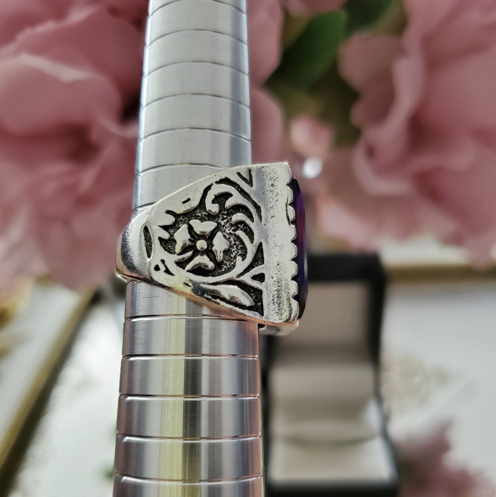 💎Gorgeous blue sapphire glass ring with floral band - Picture 5 of 5